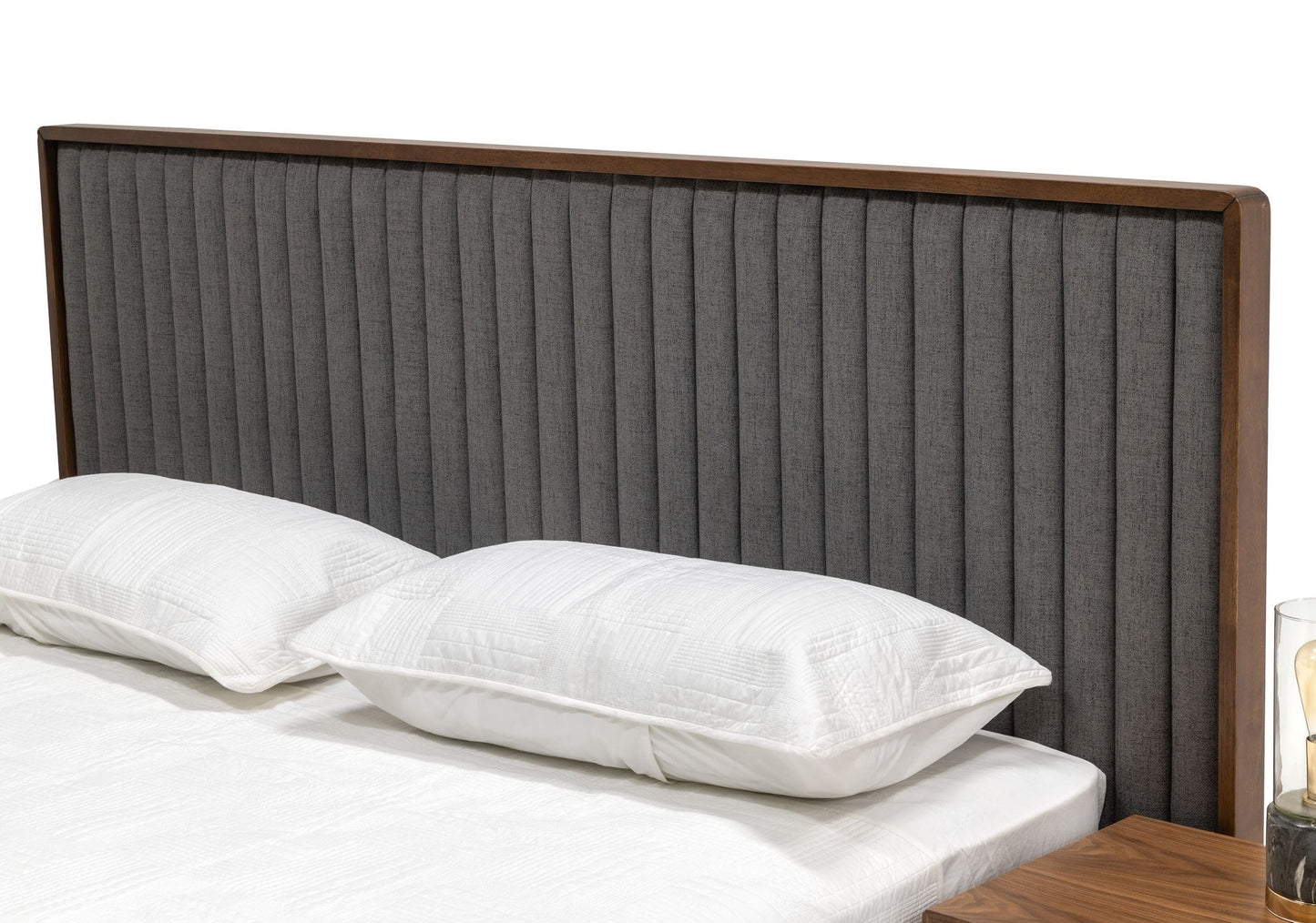 Queen Nova Domus Metcalf Mid-Century Walnut and Grey Bed w/ Two Nightstands