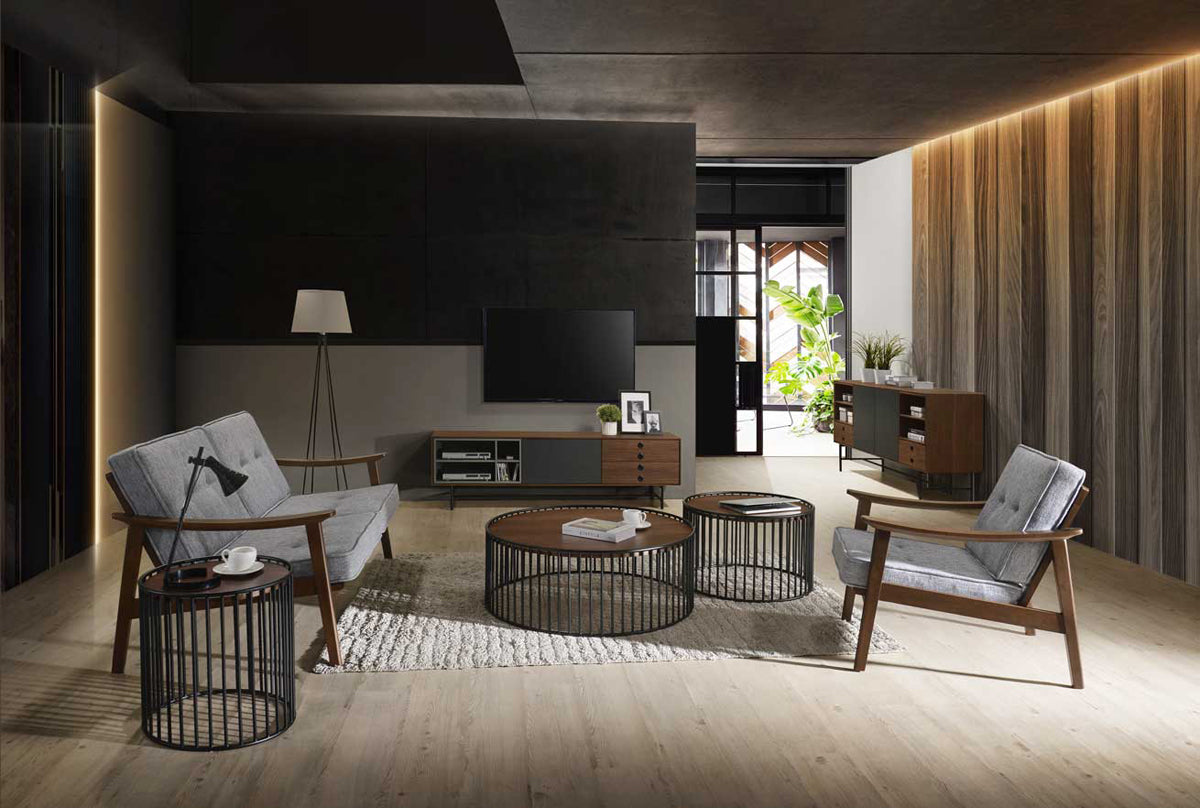 Modrest Bronson Modern Walnut and Black Round Tea Table