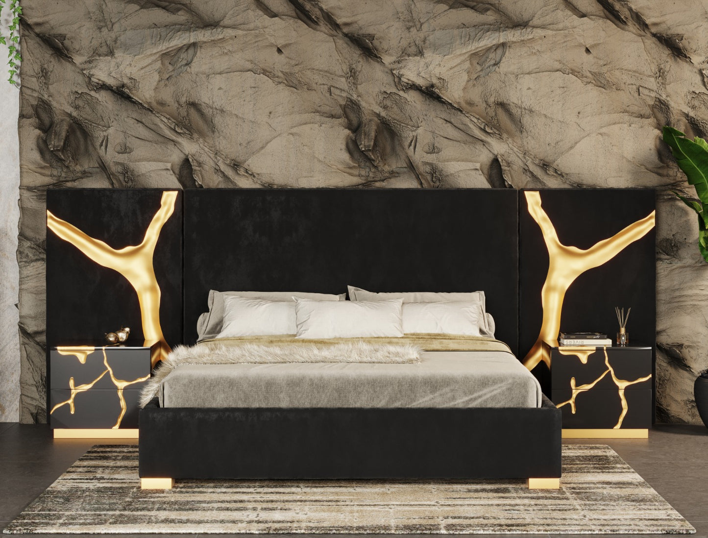 Modrest Aspen East King Glam Black Velvet and Gold Bed