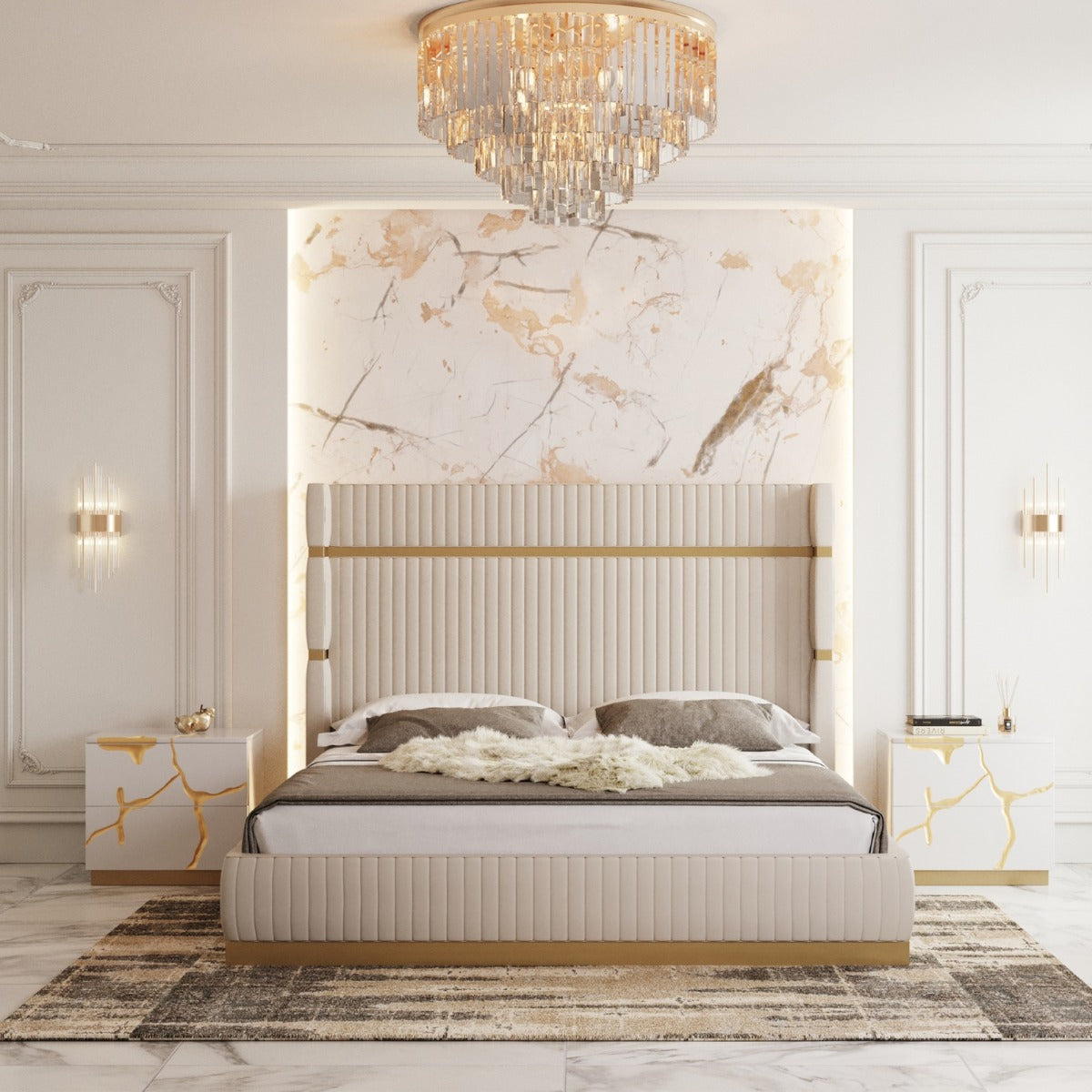 Modrest- Sterling Modern Beige Bonded Leather and Gold Bed