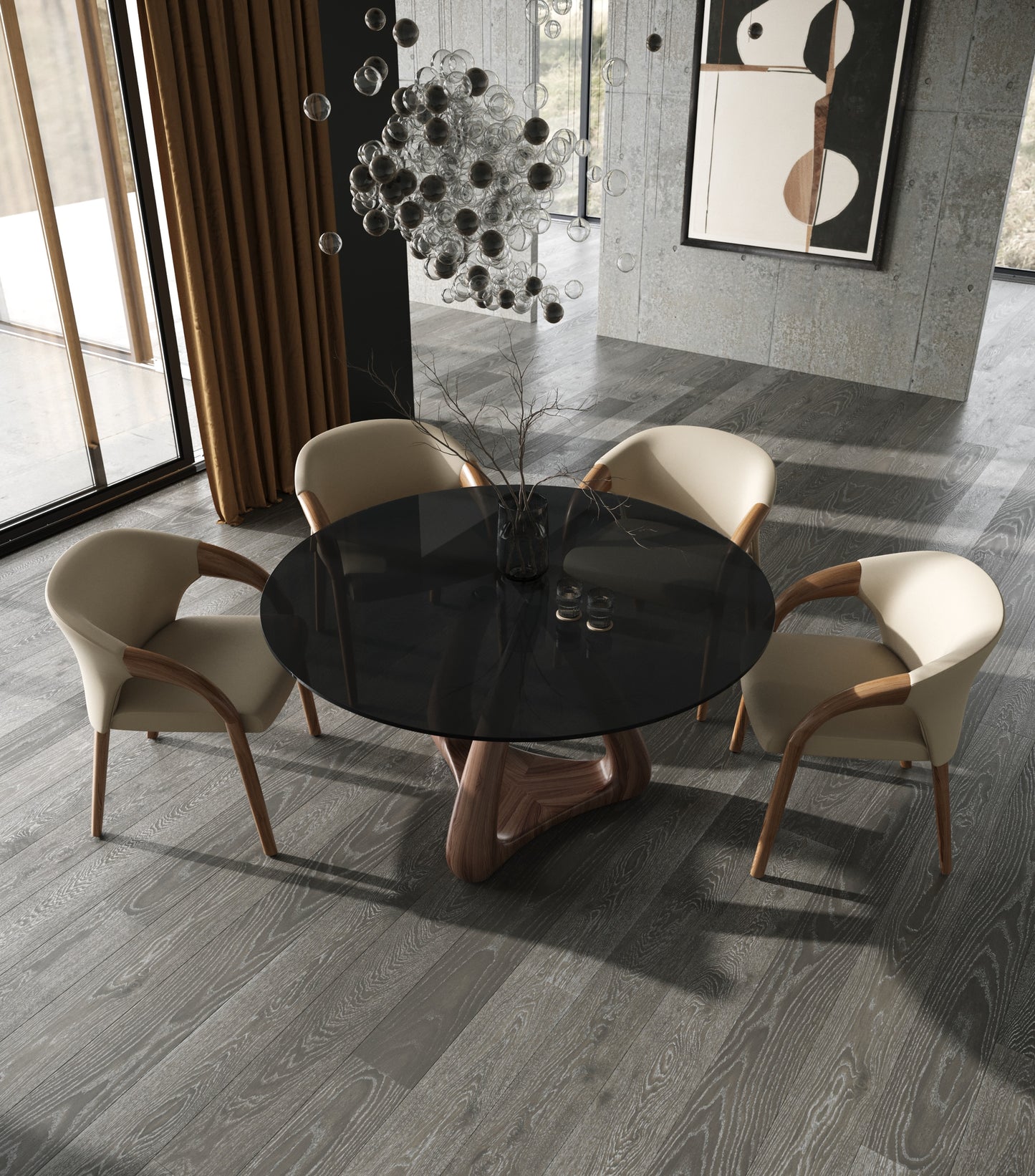 Modrest Christy Mid-Century Modern Grey Glass Walnut Round Dining Table