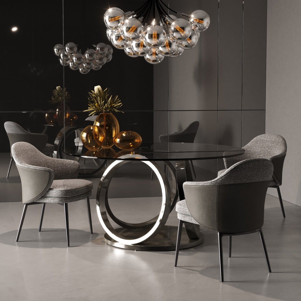 Modrest Enid Modern Smoked Glass and Black Stainless Steel Round Dining Table
