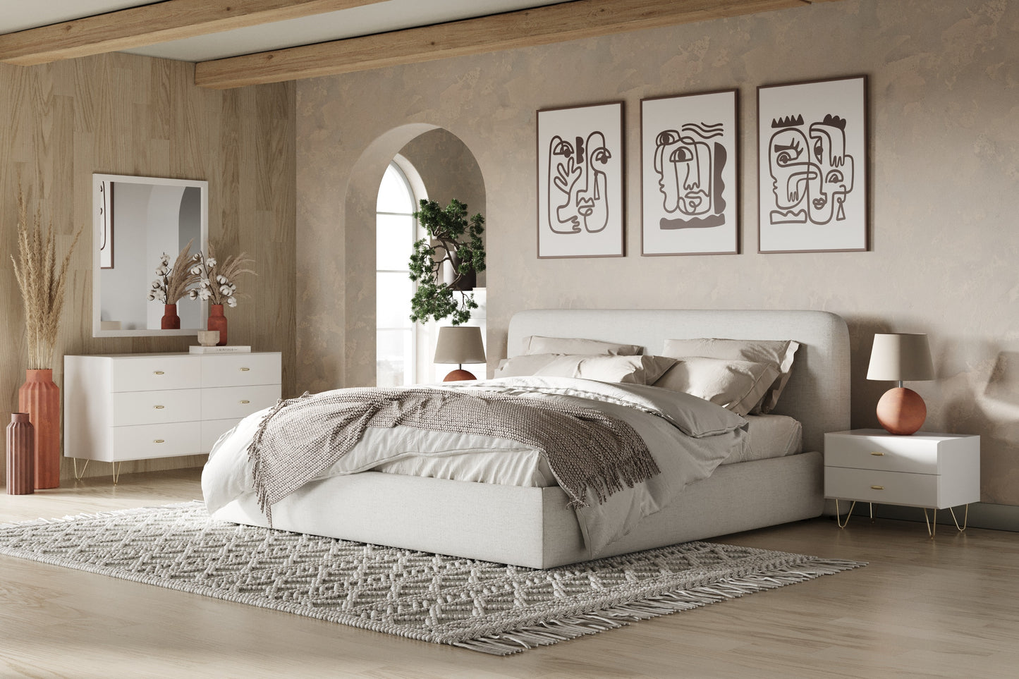 Modrest Liam Modern Ivory Fabric Upholstered Bed