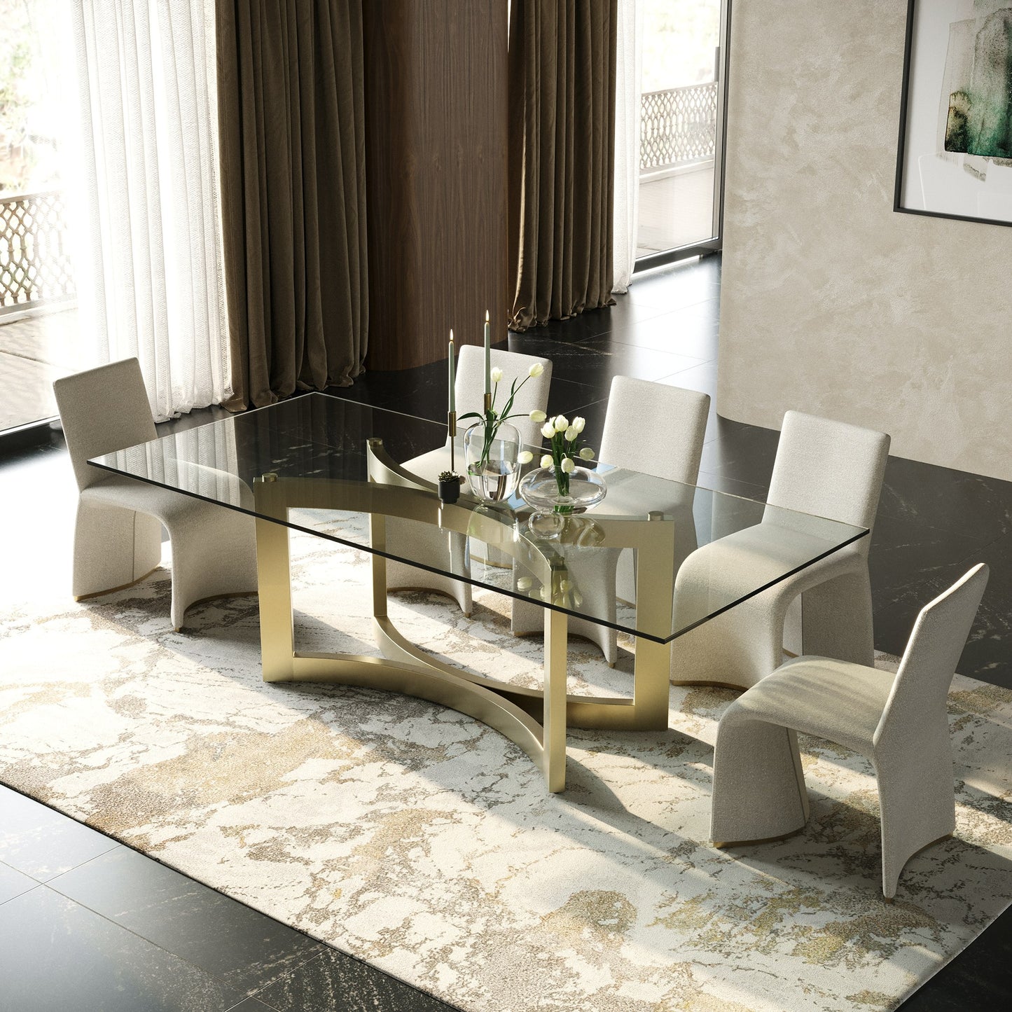 Modrest Mingus Modern Glass Brushed Brass Rectangualr Dining Table