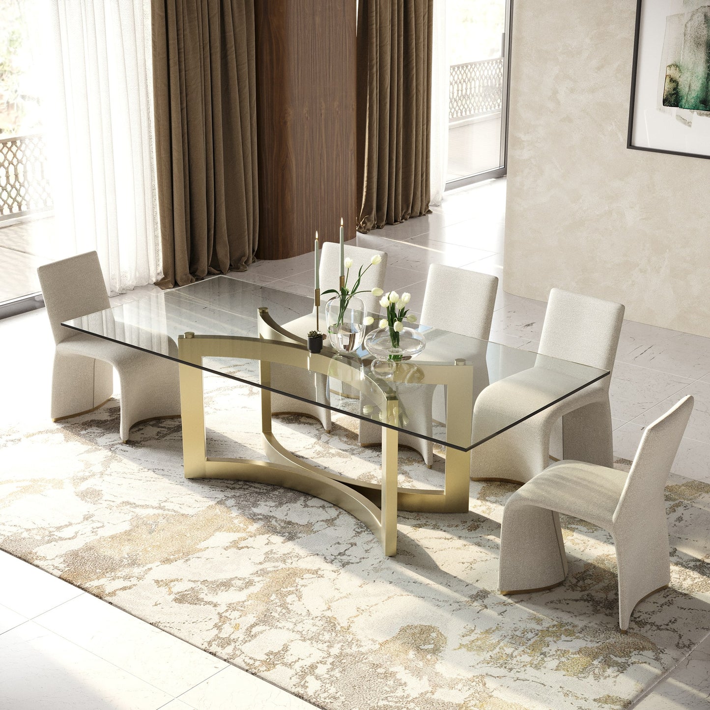 Modrest Mingus Modern Glass Brushed Brass Rectangualr Dining Table