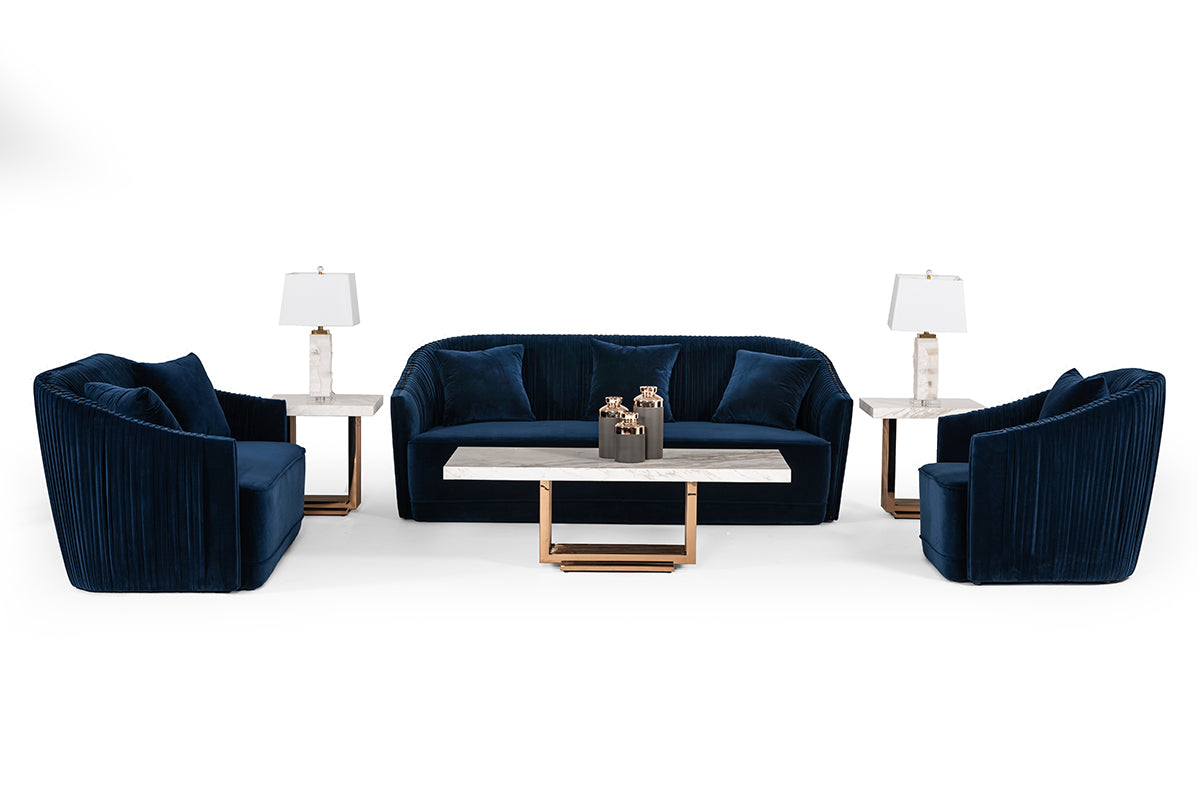 Divani Casa Palomar Modern Blue Velvet and Brass Sofa