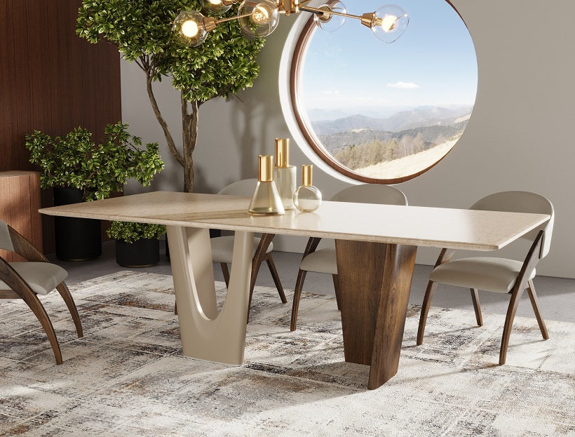 Modrest Brianna Contemporary Marble and Cream/Walnut Dining Table