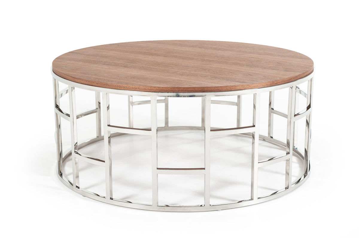 Modrest Silvia Modern Walnut and Stainless Steel Coffee Table
