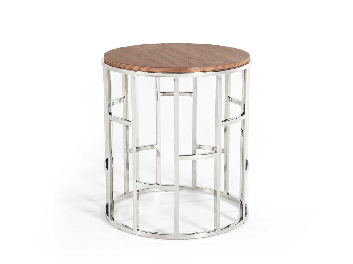 Modrest Silvia Modern Walnut and Stainless Steel End Table
