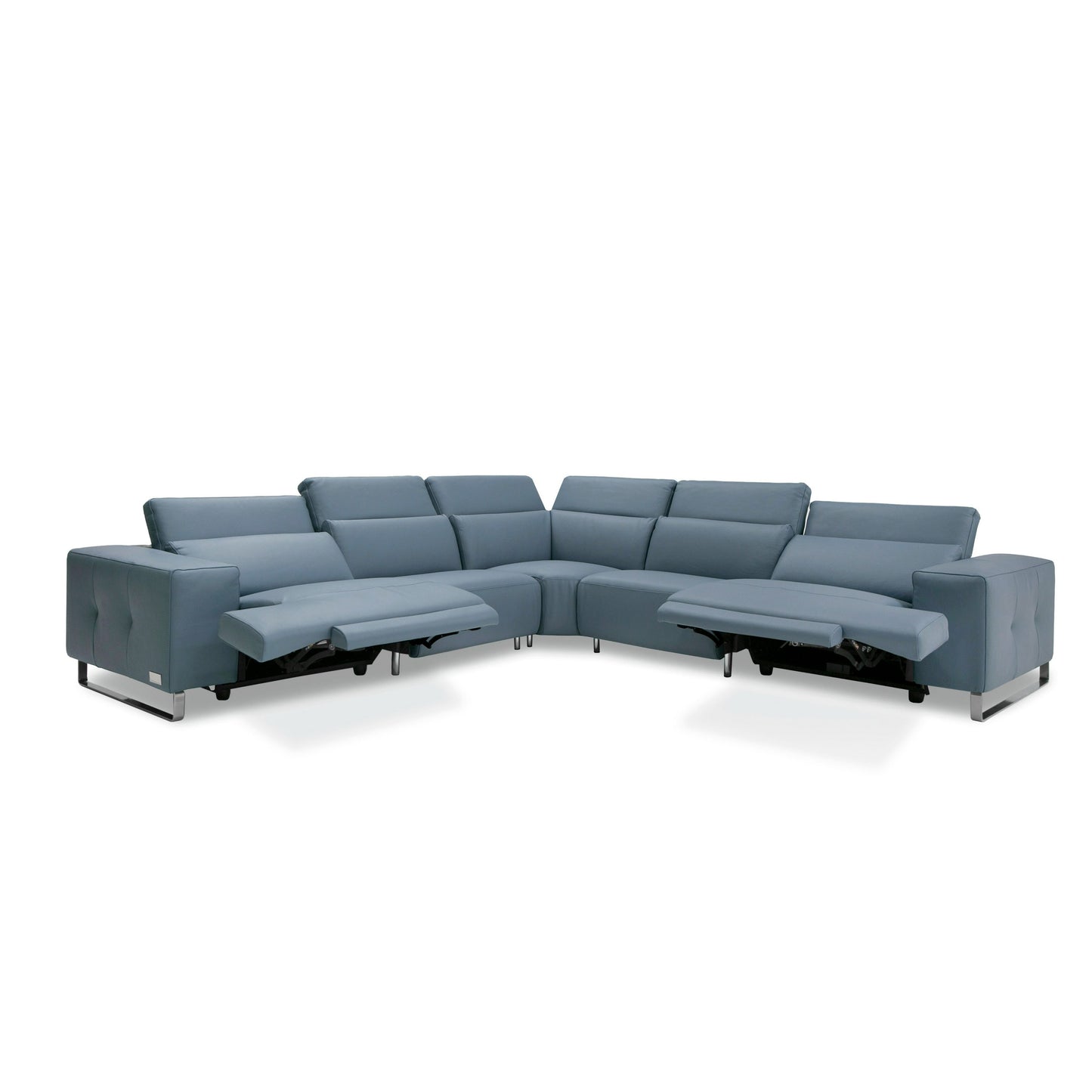 Lamod Italia Sorrento Italian Steel Blue Leather Sectional Sofa with 2 Recliners