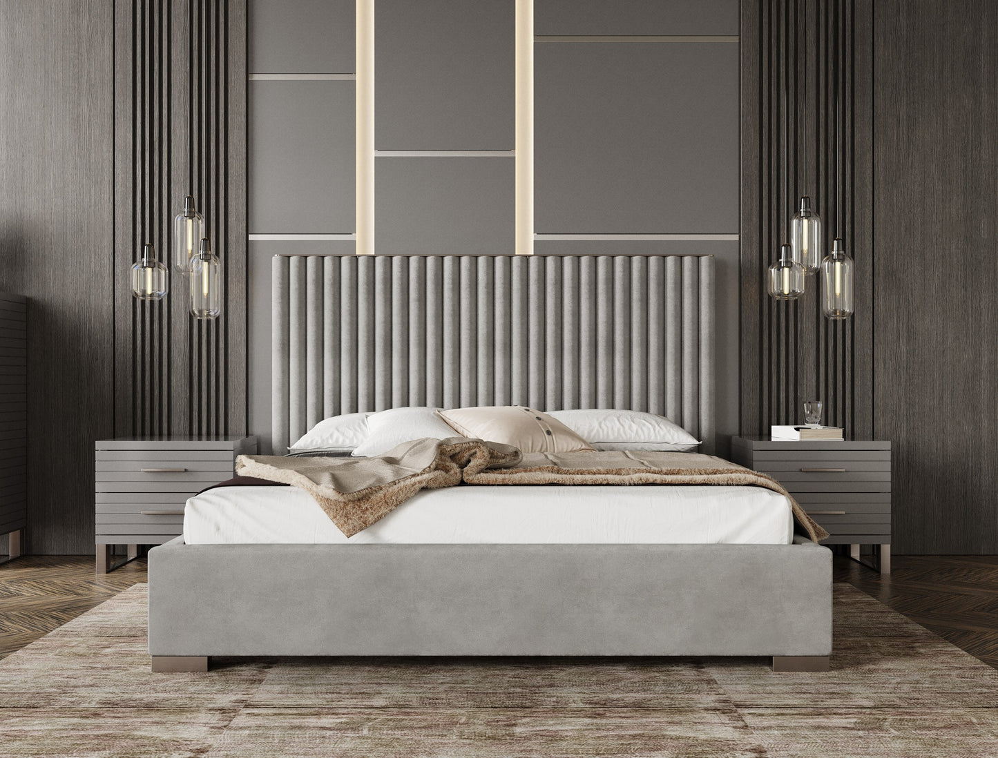 Modrest Splendor Silver Grey Velvet Upholstered King Platform Bed