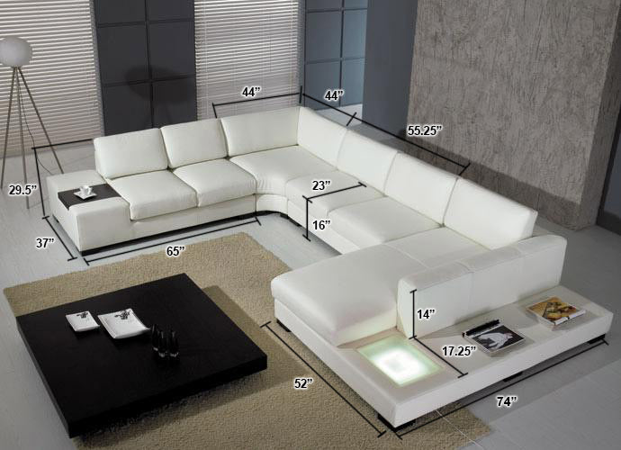 T35 Modern Black Genuine Leather Sectional Sofa with Light