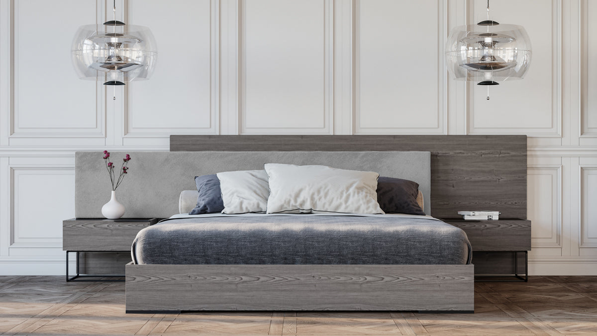 Nova Domus Enzo Italian Modern Grey Oak and Fabric Bed w/ Nightstands