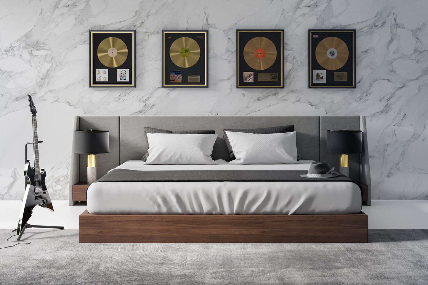 Nova Domus Janice Modern Grey Fabric and Walnut Bed and Nightstands