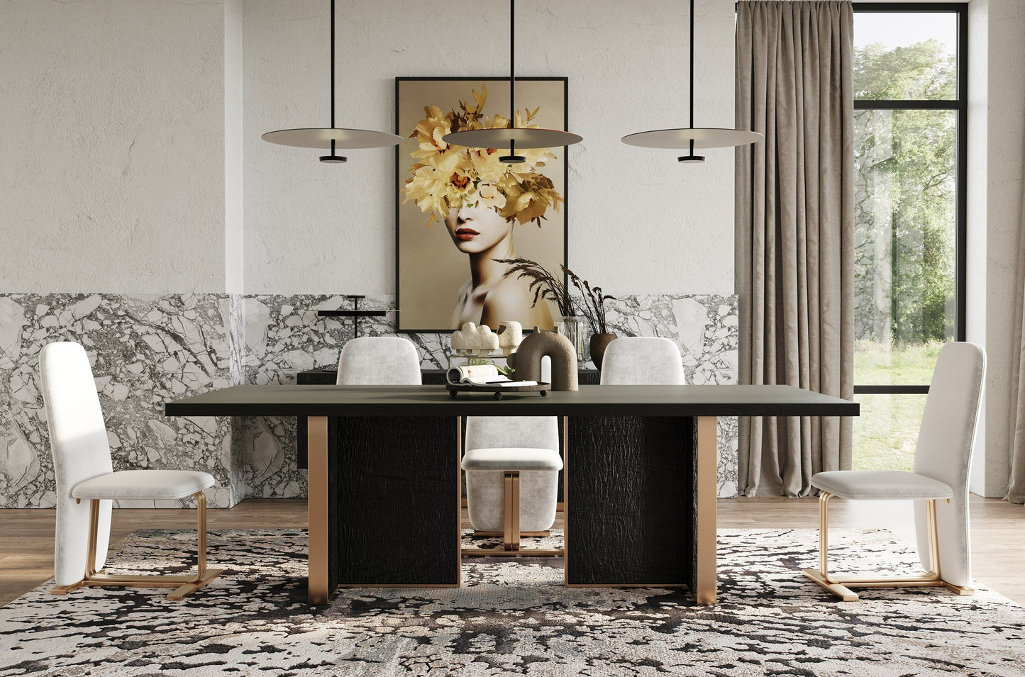 Modrest Tasha Modern Black Ash Brushed Gold Rectangular Dining Table