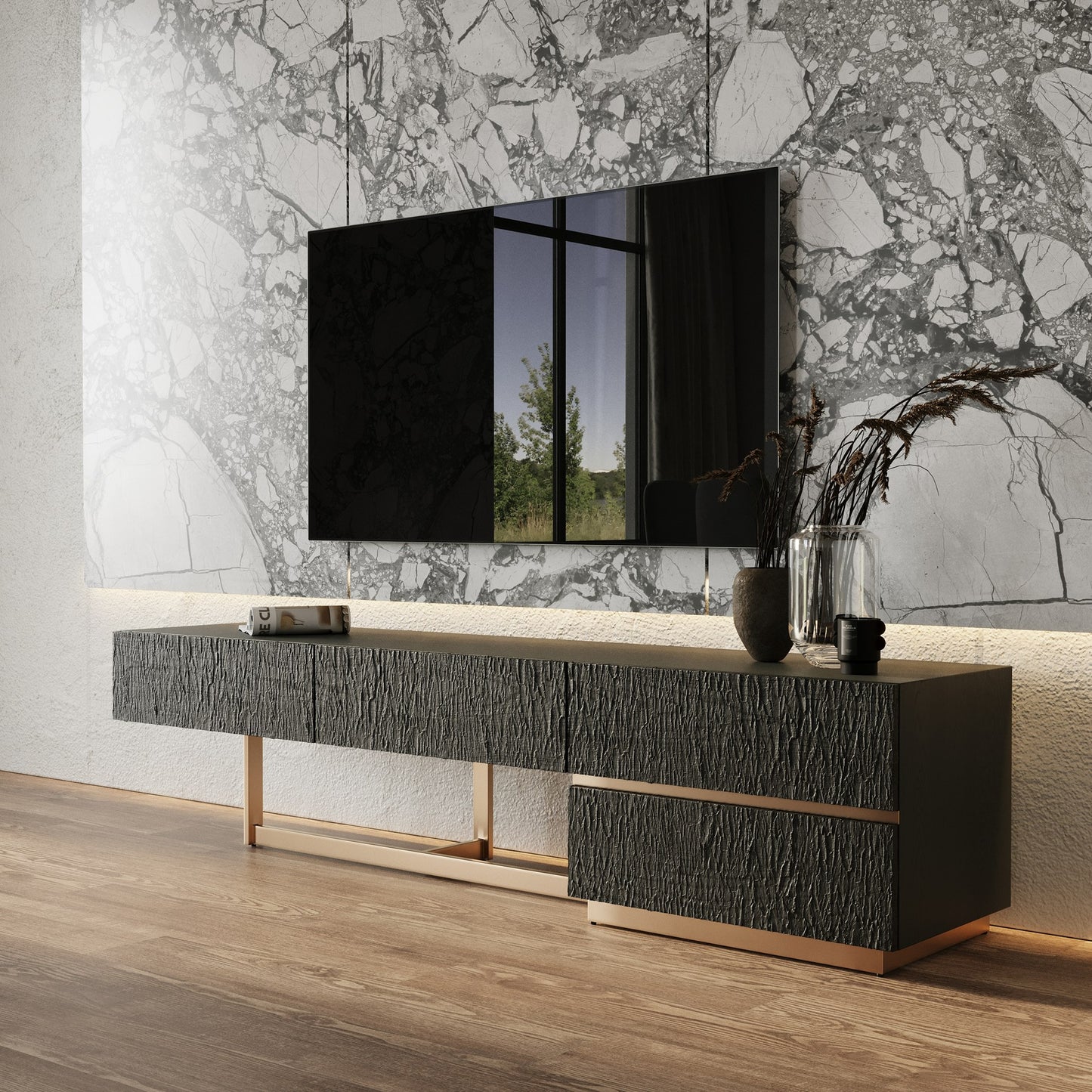 Modrest Tasha Modern Black Ash Brushed Gold TV Stand
