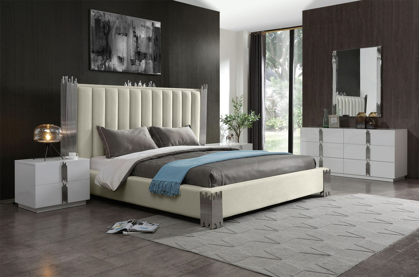 Modrest Token Queen Modern White and Stainless Steel Bed
