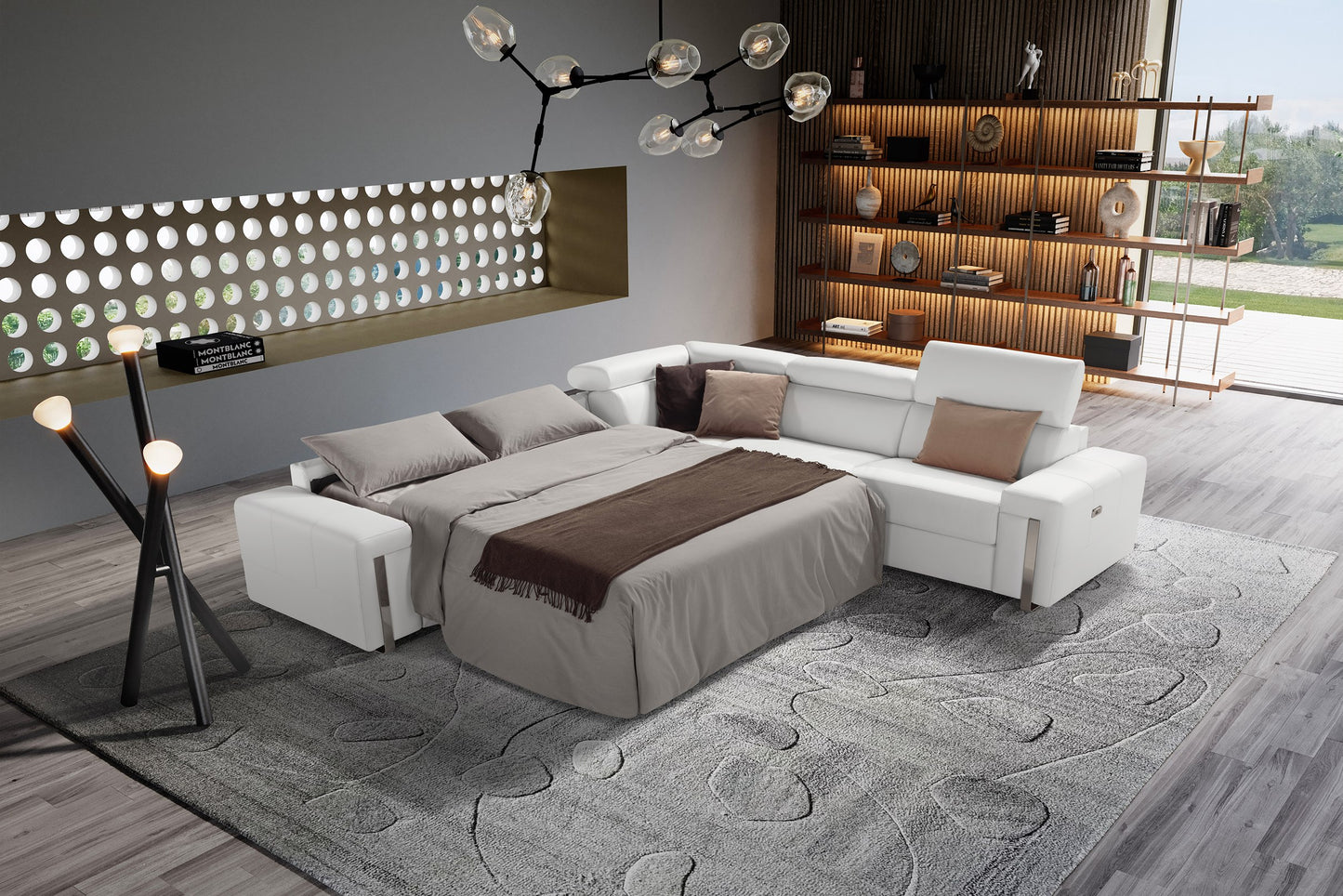 Lamod Italia Bogart Italian Modern White Leather Sectional Sofa Bed with Recliner