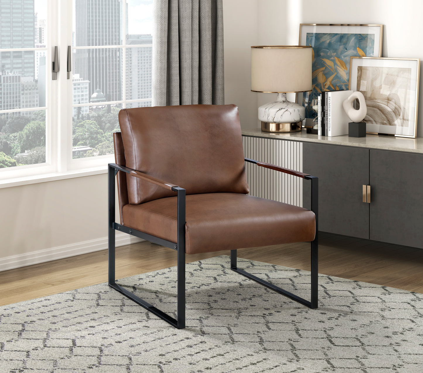 Homelegance Blaine Accent Chair in Brown Faux Leather with Black Metal Frame 1011BRW-1