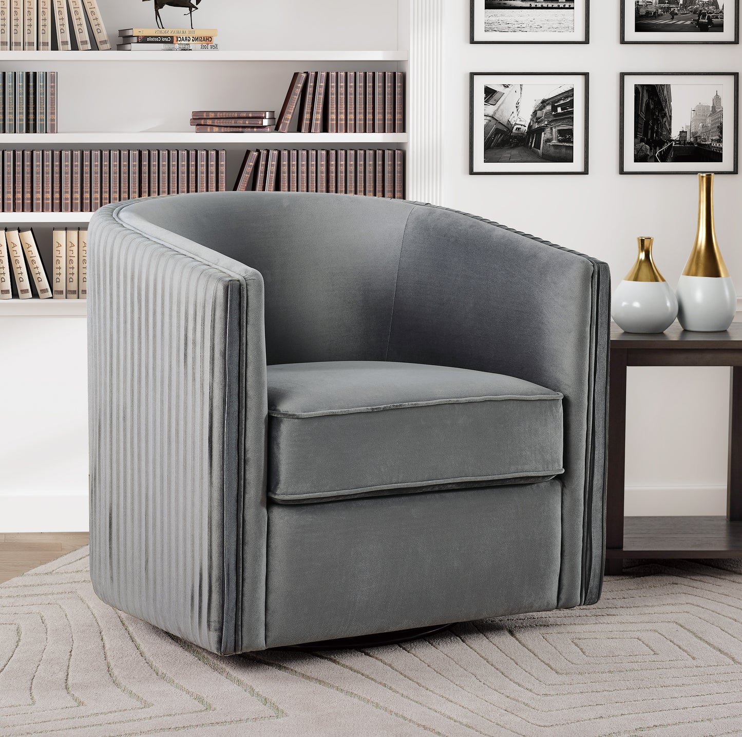 Homelegance Cecily Swivel Accent Chair in Gray Velvet with Pleated Detail 1038GY-1