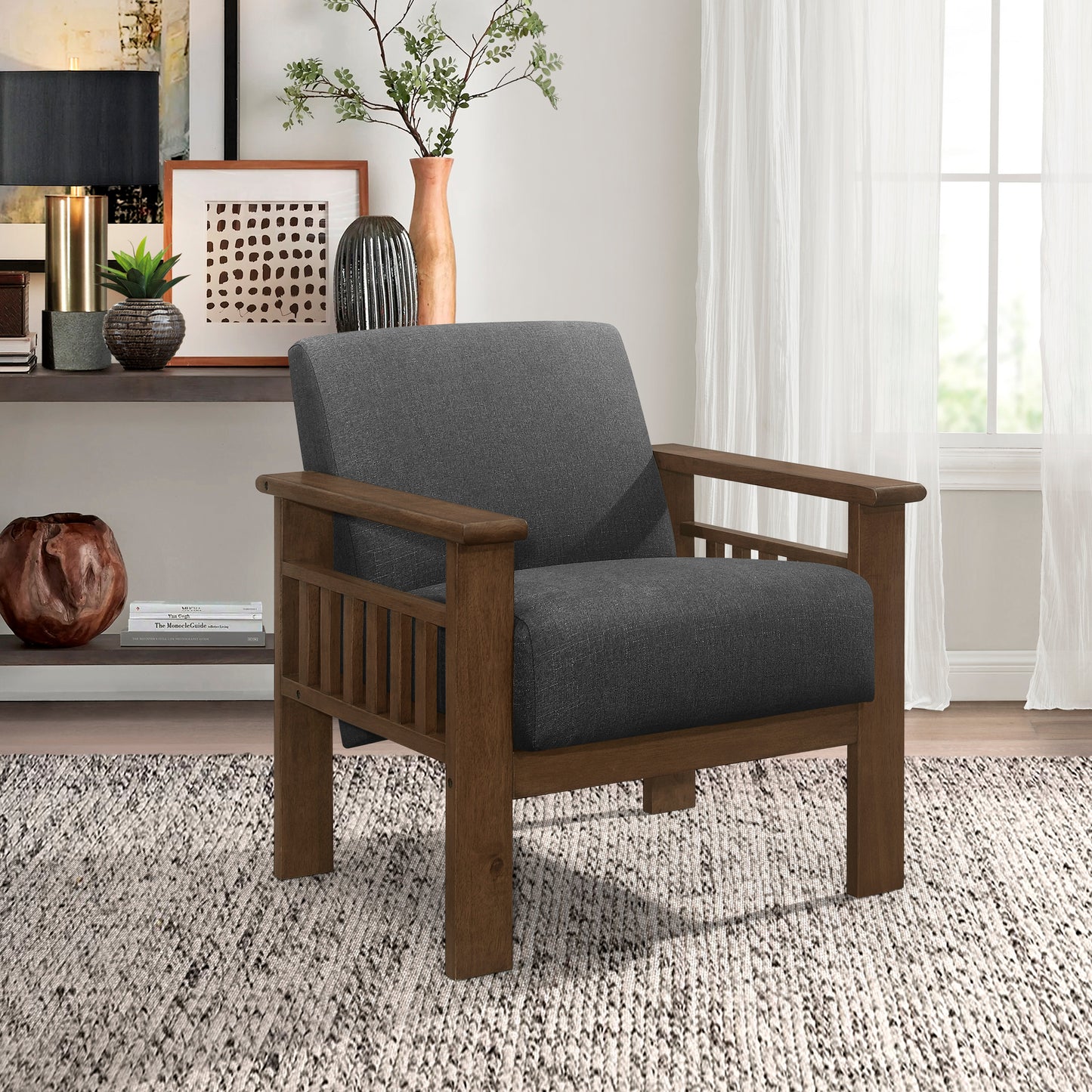 Homelegance Accent Chair with Storage Arms in Dark Gray Textured Fabric 1048DG-1