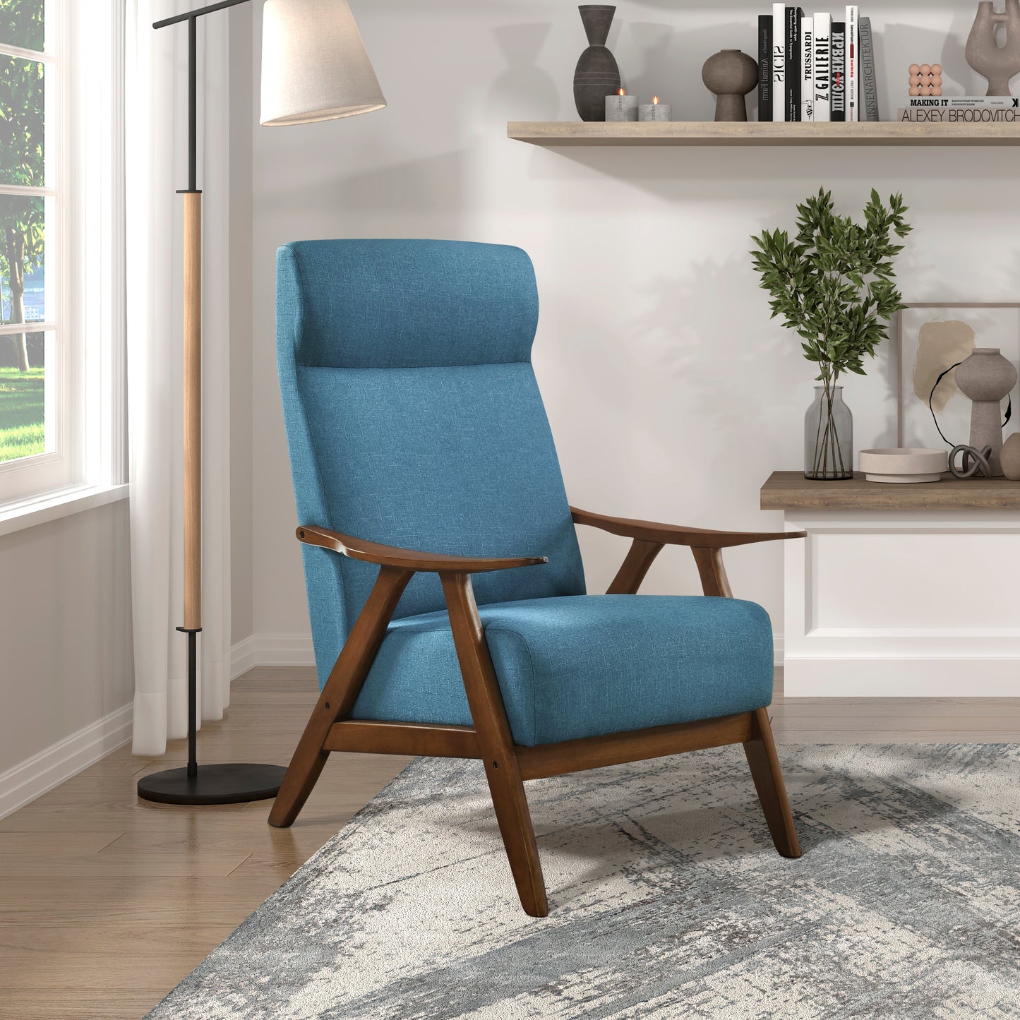 Homelegance Kalmar Accent Chair in Textured Blue Fabric with Walnut Finish 1077BU-1