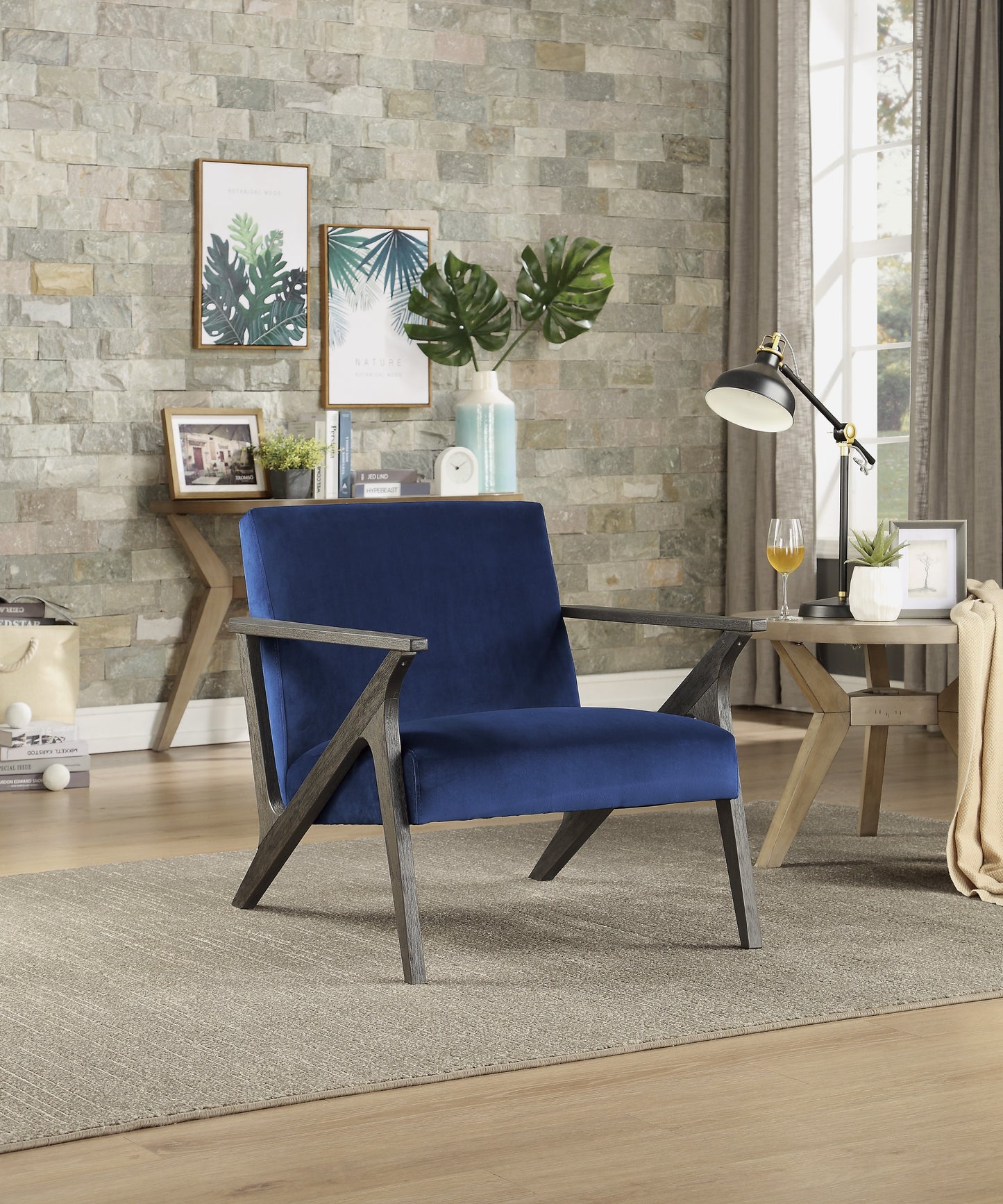 Homelegance Coriana Accent Chair in Navy Velvet with Antique Gray Finish 1111NV-1