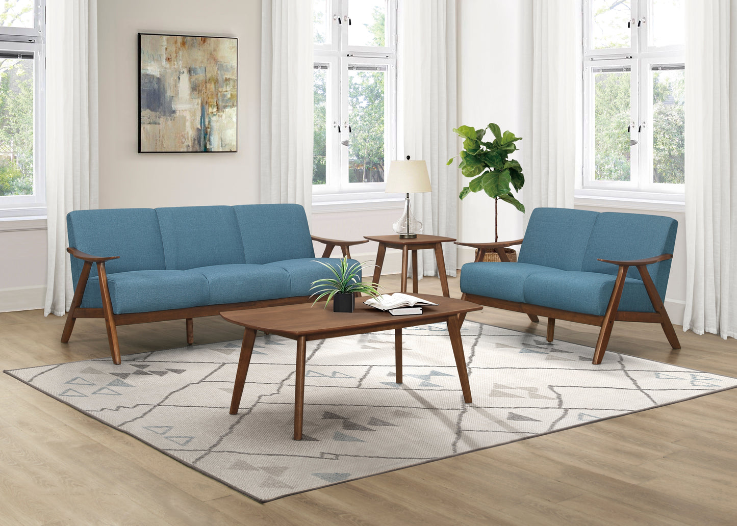 Homelegance Damala Loveseat in Textured Blue Fabric with Walnut Finish 1138BU-2