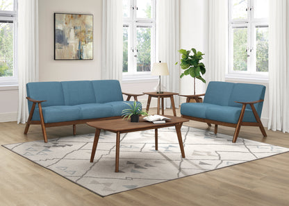 Homelegance Damala Loveseat in Textured Blue Fabric with Walnut Finish 1138BU-2