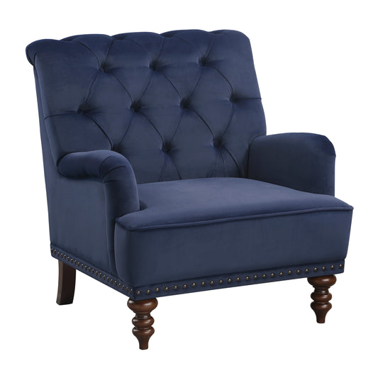 Homelegance Holland Park Accent Chair in Dark Blue Velvet with Nailhead Trim 1201F3S