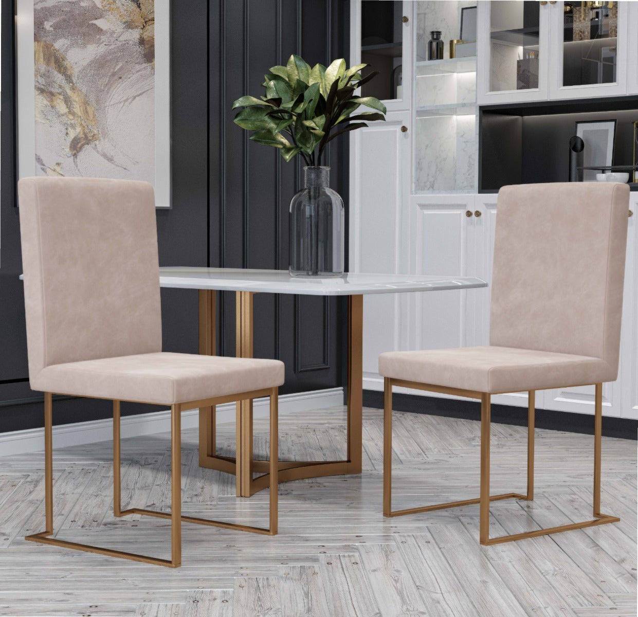 Modrest Fowler Modern Beige and Brass Velvet Dining Chair Set of 2