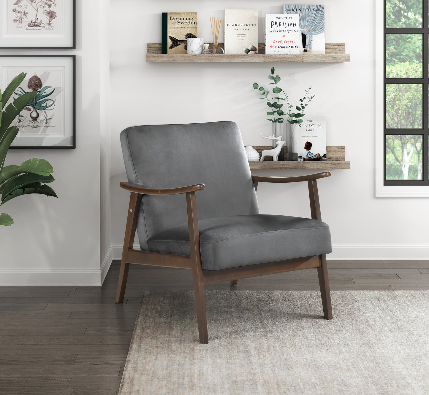 Homelegance Landers Accent Chair in Dark Gray Velvet with Dark Walnut Finish 1230DG-1