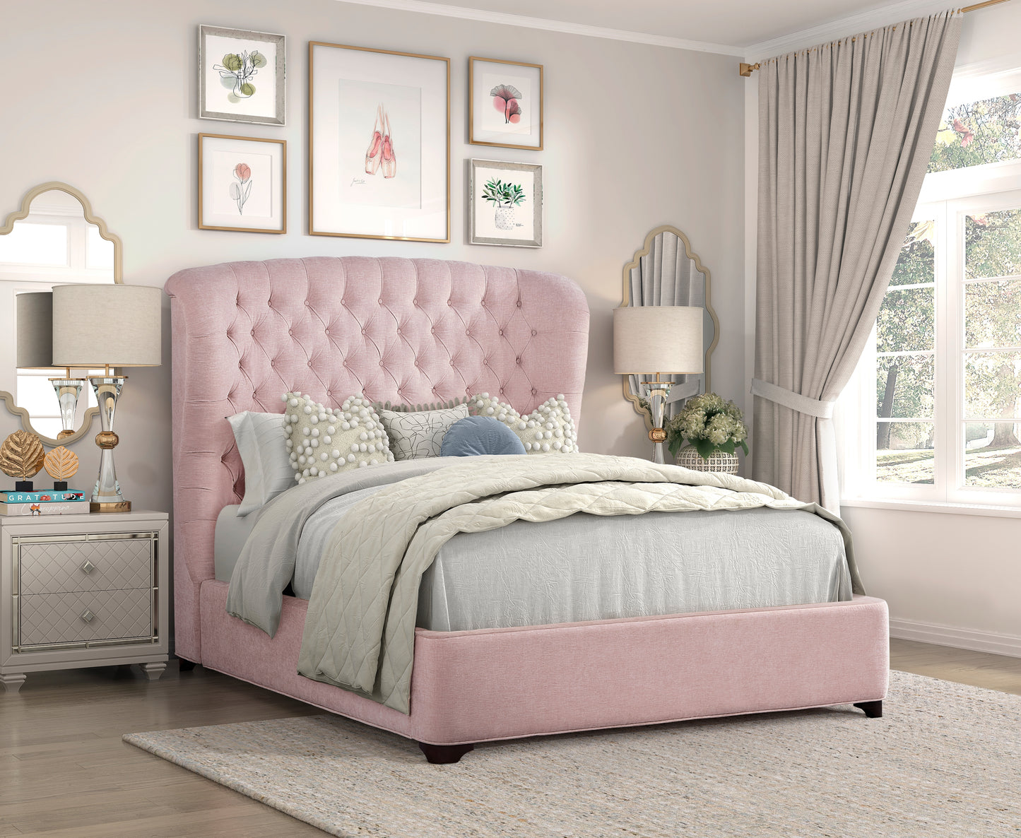 Homelegance Queen Bed in Cameo Pink Chenille Fabric 1308PN-1
