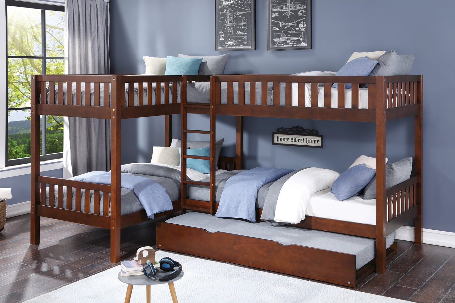 Homelegance Corner Bunk Bed with Twin Trundle Dark Cherry B2013CNDC-1R