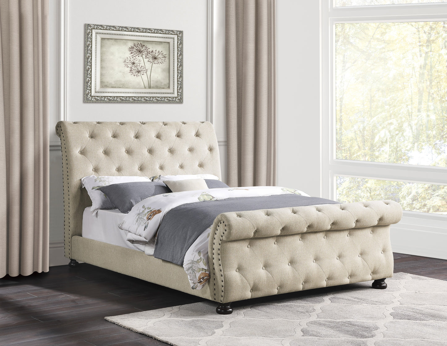 Homelegance Queen Bed Crofton Beige Chenille Upholstered Sleigh Bed 1549BE-1
