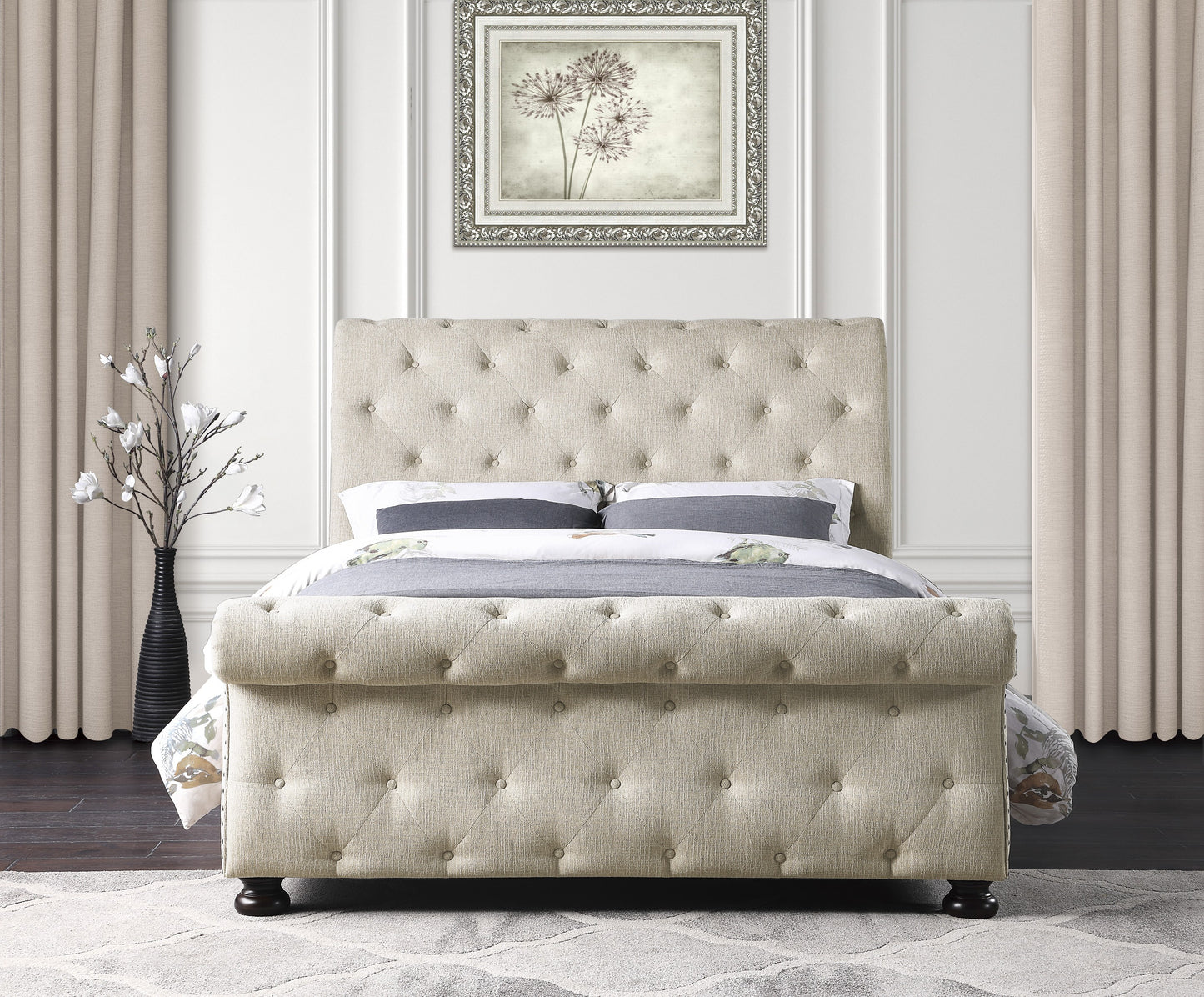 Homelegance Queen Bed Crofton Beige Chenille Upholstered Sleigh Bed 1549BE-1
