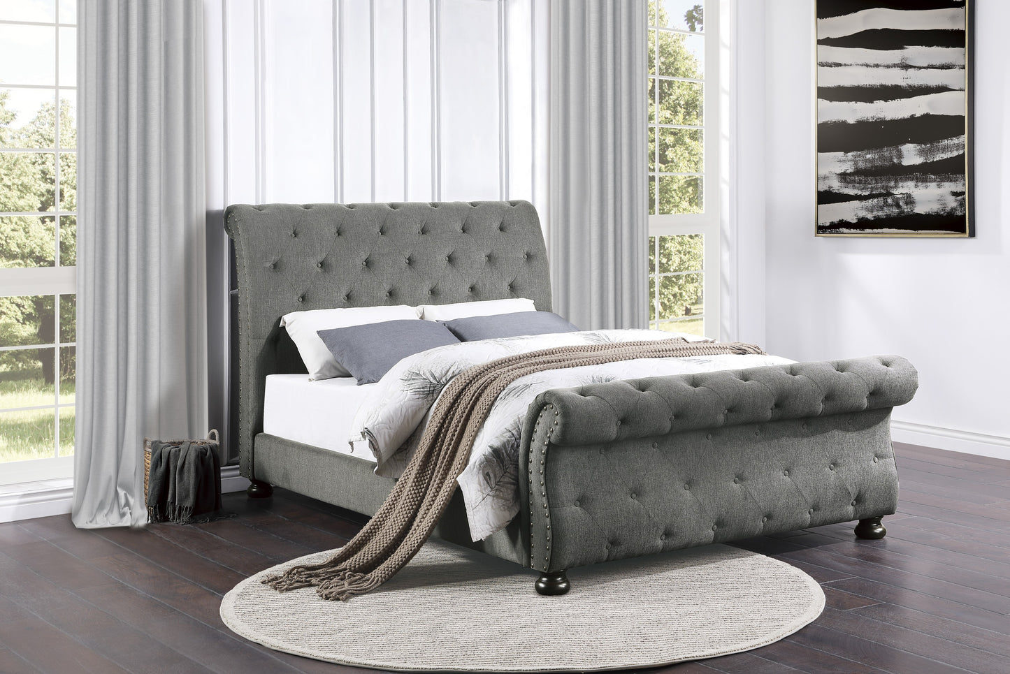 Homelegance Queen Bed Crofton Dark Gray Upholstered Sleigh Bed 1549GY-1