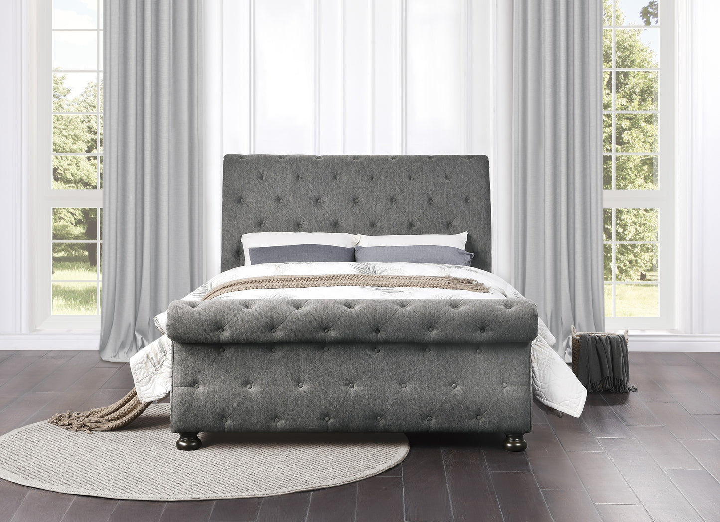 Homelegance Queen Bed Crofton Dark Gray Upholstered Sleigh Bed 1549GY-1