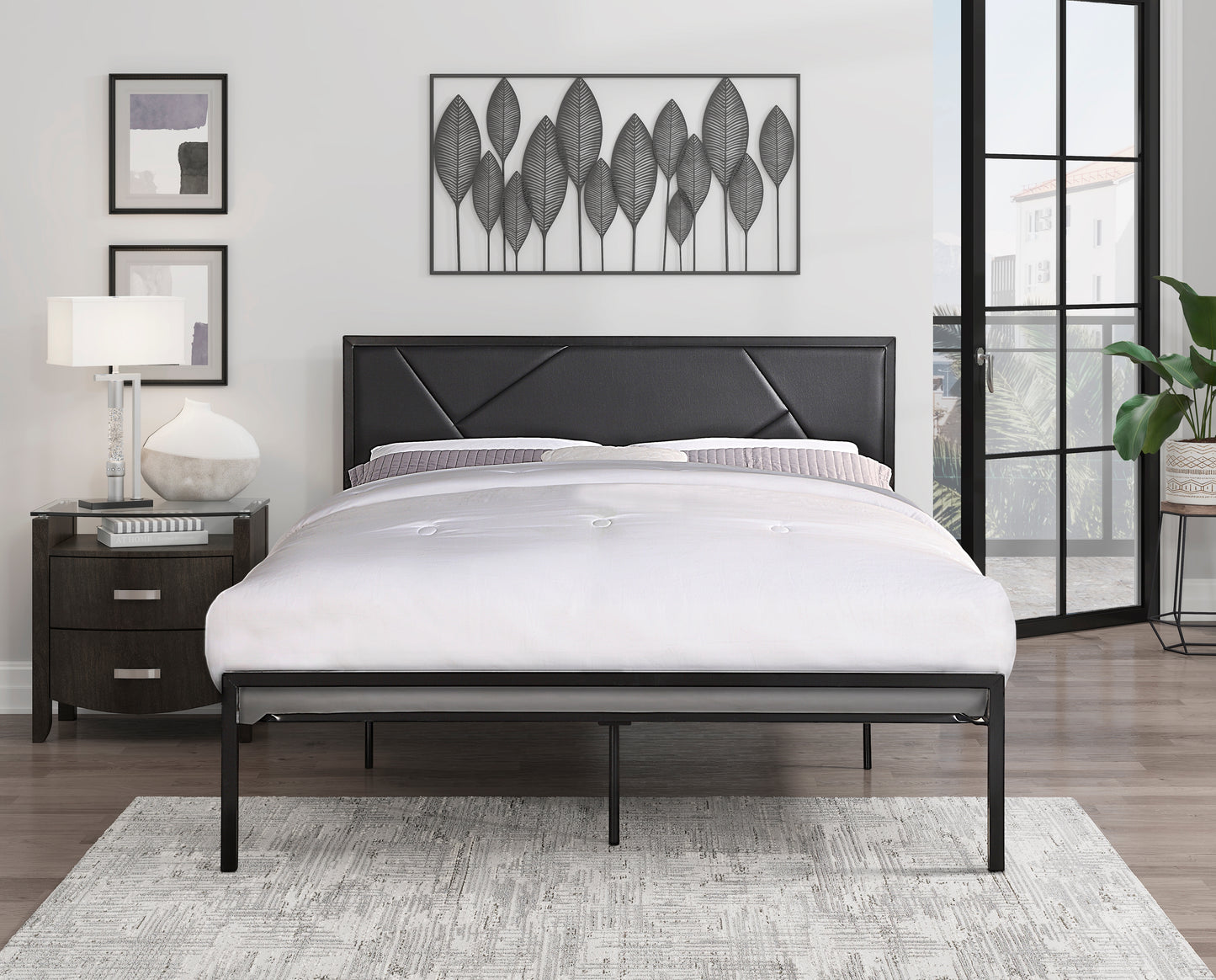 Homelegance Queen Bed Rhea Gunmetal Finish with Faux Leather Headboard 1602BK-1