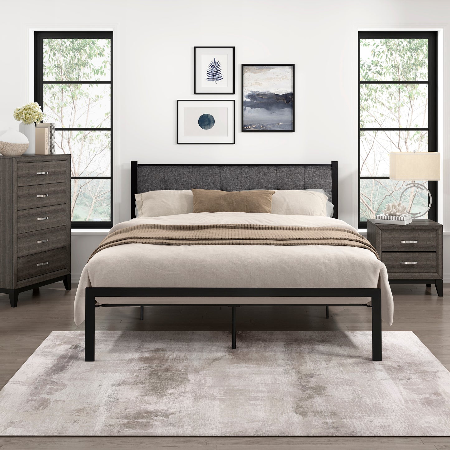 Homelegance Queen Bed Samuel Gray Upholstery Black Frame 1612-1