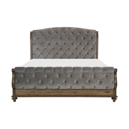 Homelegance Queen Bed Rachelle Gray Velvet Weathered Pecan Finish 1693-1