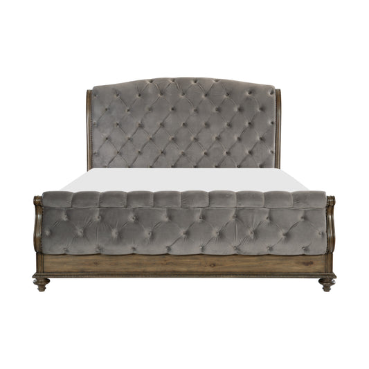 Homelegance Queen Bed Rachelle Gray Velvet Weathered Pecan Finish 1693-1