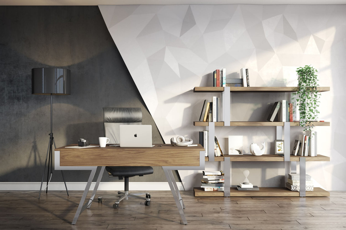 Modrest Brewer Modern Walnut Glass and Stainless Steel Bookshelf