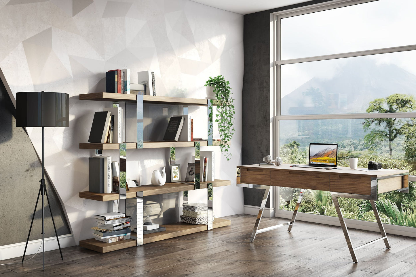 Modrest Brewer Modern Walnut Glass and Stainless Steel Bookshelf
