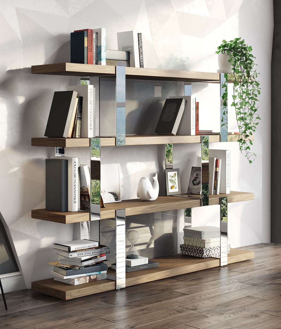 Modrest Brewer Modern Walnut Glass and Stainless Steel Bookshelf