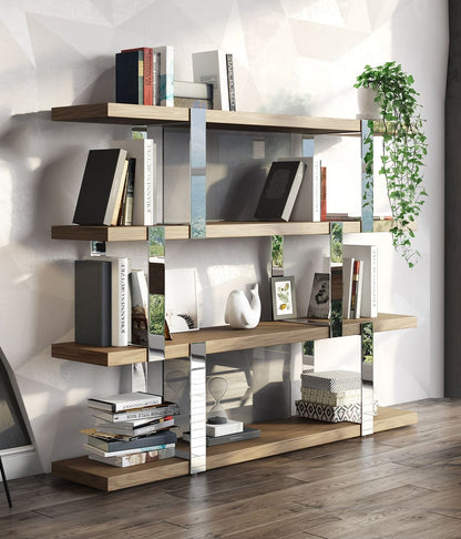 Modrest Brewer Modern Walnut Glass and Stainless Steel Bookshelf