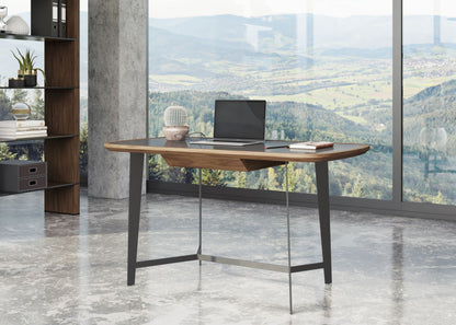 Modrest Girard Modern Walnut and Black Glass Desk