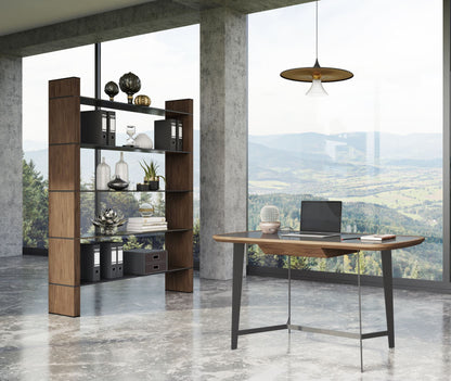 Modrest Glencoe Modern Walnut and Black Glass Bookshelf