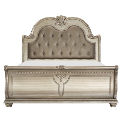 Homelegance Queen Bed Cavalier Silver Finish with Faux Leather Headboard 1757SV-1
