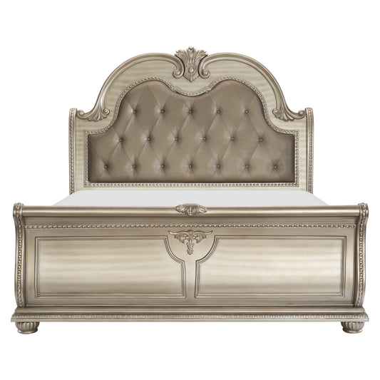 Homelegance Queen Bed Cavalier Silver Finish with Faux Leather Headboard 1757SV-1